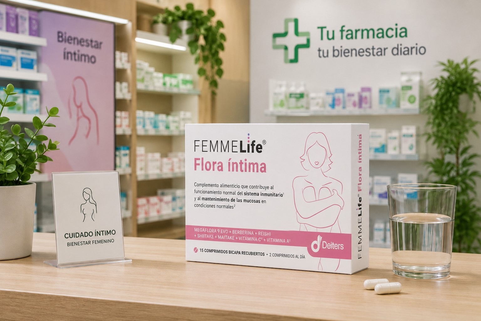 Femmelife Flora Íntima en un entorno de farmacia para el cuidado del bienestar íntimo
