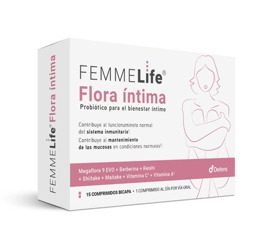Envase de FEMMELIFE FLORA ÍNTIMA con 15 comprimidos bicapa