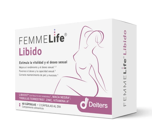 Envase de FEMMELIFE LIBIDO con 60 cápsulas