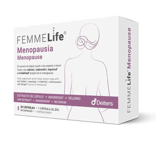 Envase de FEMMELIFE MENOPAUSIA con 30 cápsulas