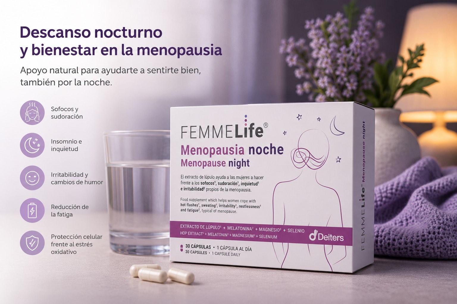 Femmelife Menopausia está formulada para acompañar el bienestar de la mujer durante esta etapa, abordando tanto los síntomas diurnos como el descanso nocturno.