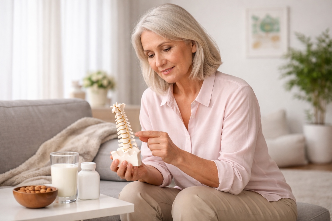 Mujer adulta cuidando su salud ósea en la menopausia