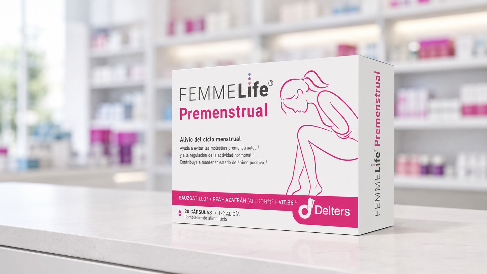 Envase de FEMMELife Premenstrual en el mostrador de una farmacia