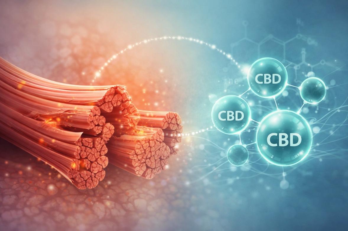 Ilustración de fibras musculares y CBD en el cuidado muscular