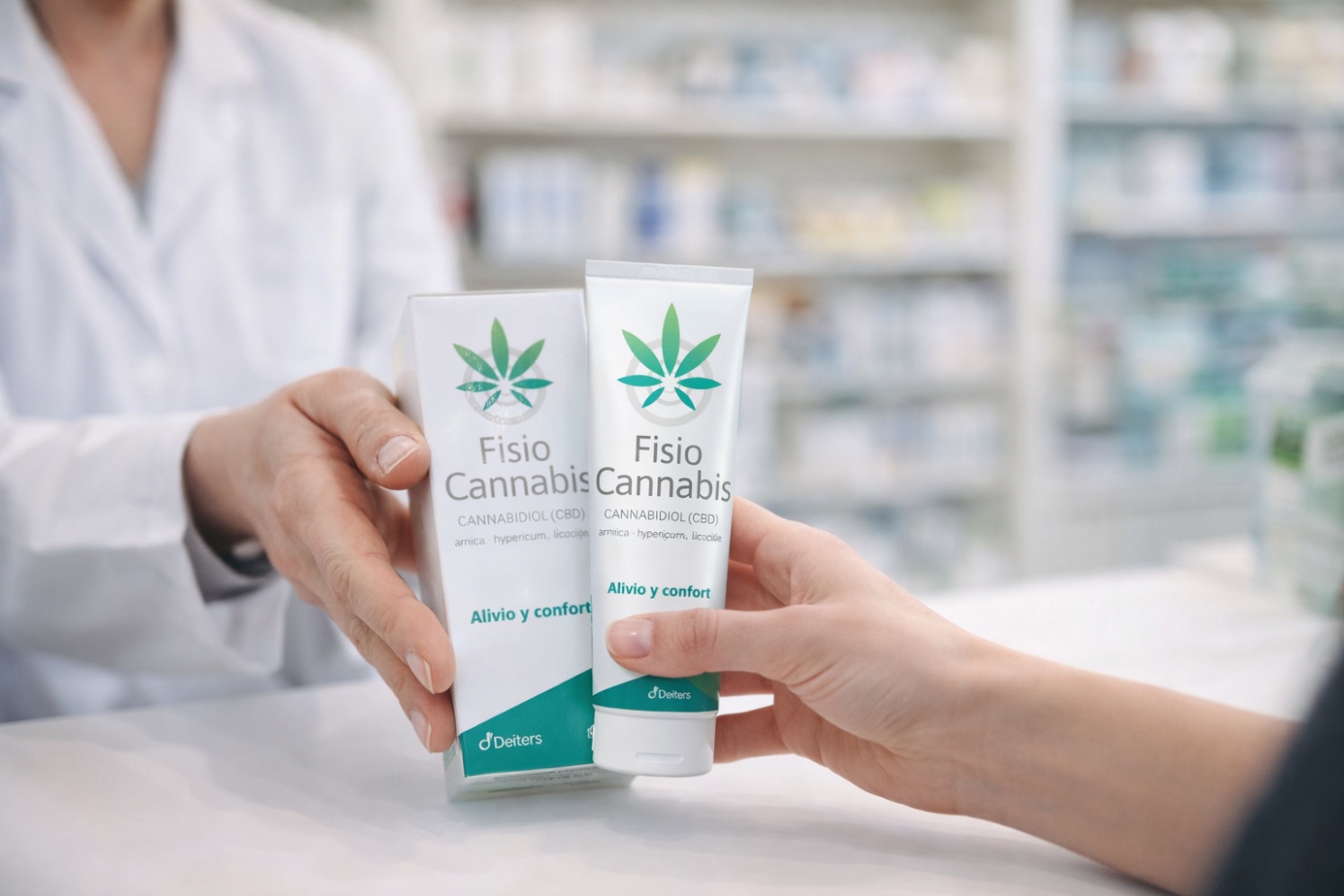 Producto Fisiocannabis en un entorno de farmacia orientado al cuidado muscular