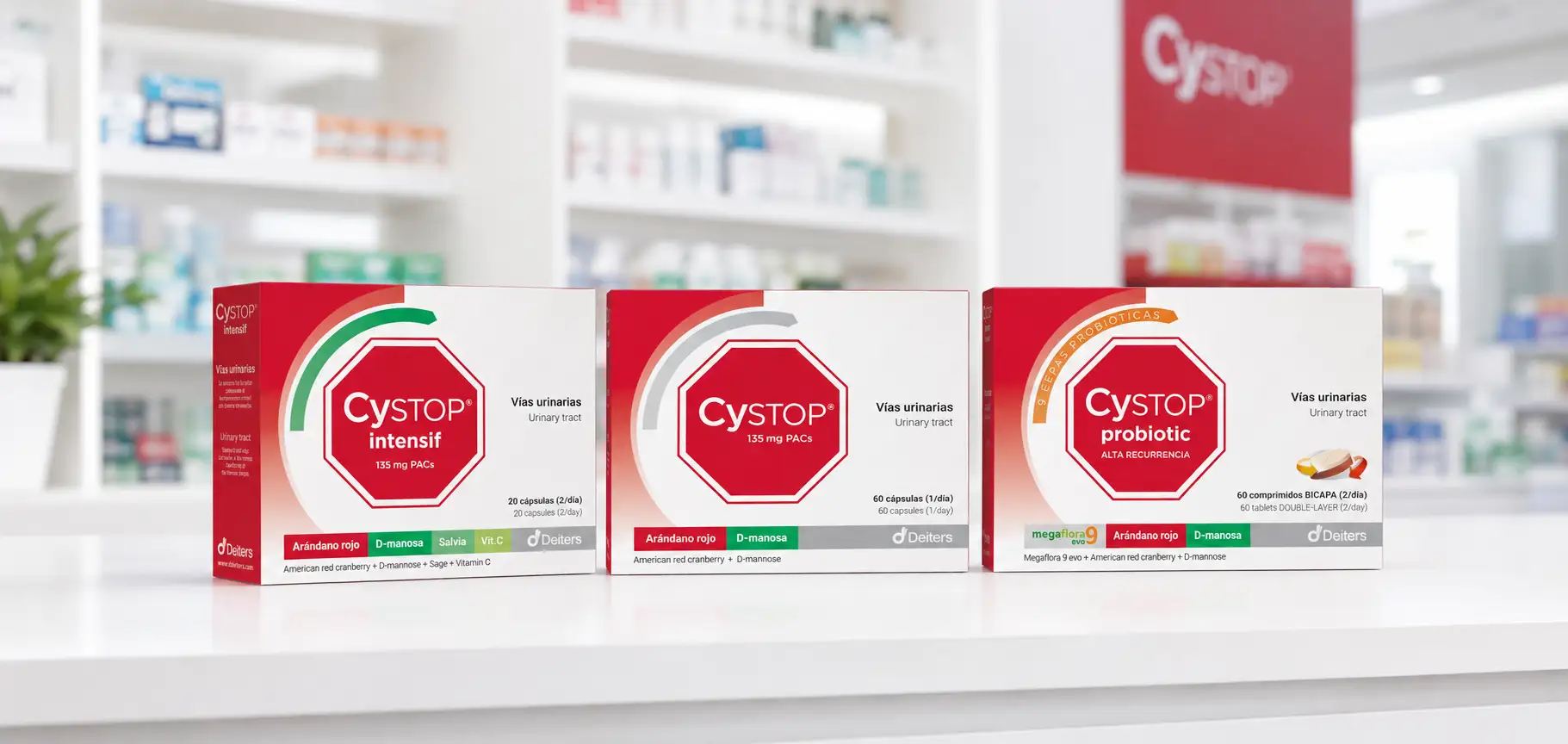 Junto con unos hábitos saludables, existen complementos alimenticios formulados para acompañar el cuidado de las vías urinarias. La gama Cystop® ofrece distintas opciones: Gama Cystop para el cuidado del bienestar urinario disponible en farmacia