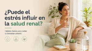 Persona descansando con un vaso de agua en un entorno tranquilo para hablar de estrés y salud renal