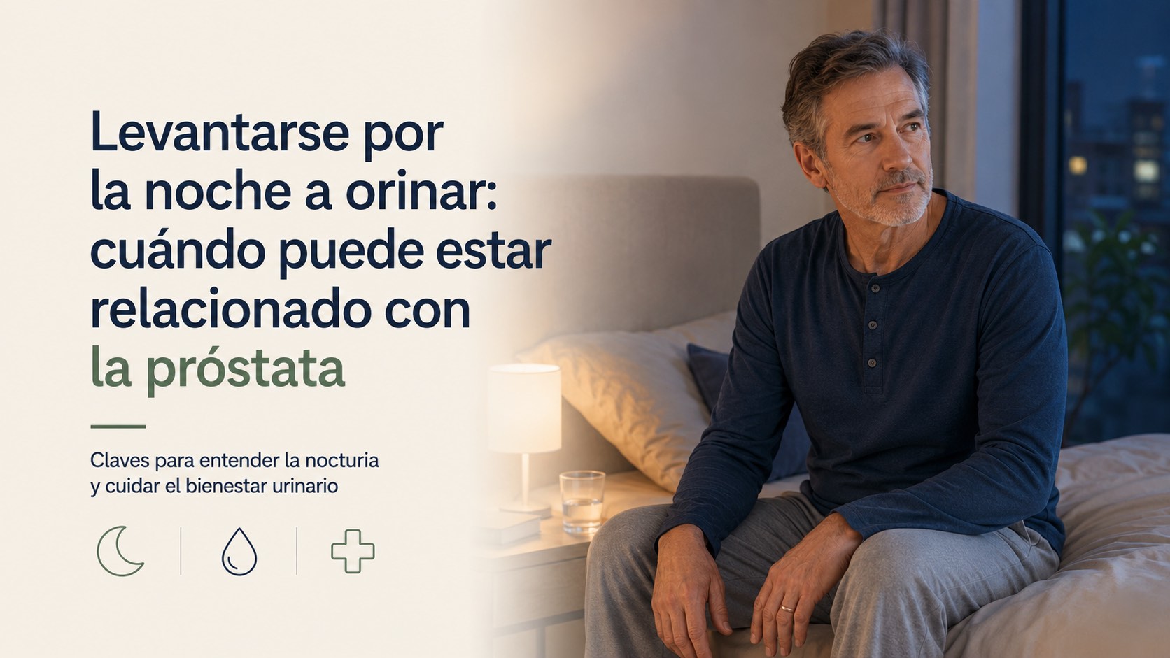 Hombre adulto despierto por la noche antes de ir al baño por necesidad de orinar