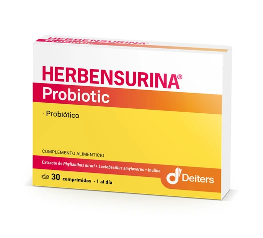 Envase de HERBENSURINA PROBIOTIC con 30 comprimidos