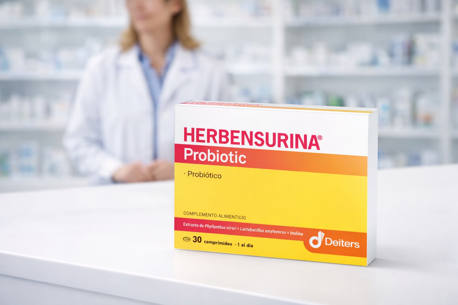Caja de Herbensurina Probiotic en mostrador de farmacia con farmacéutico desenfocado al fondo