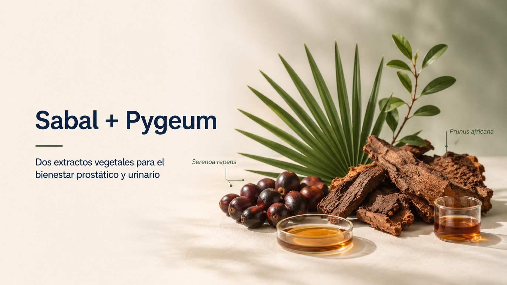 Frutos de Sabal y corteza de Pygeum, ingredientes vegetales vinculados al bienestar prostático y urinario