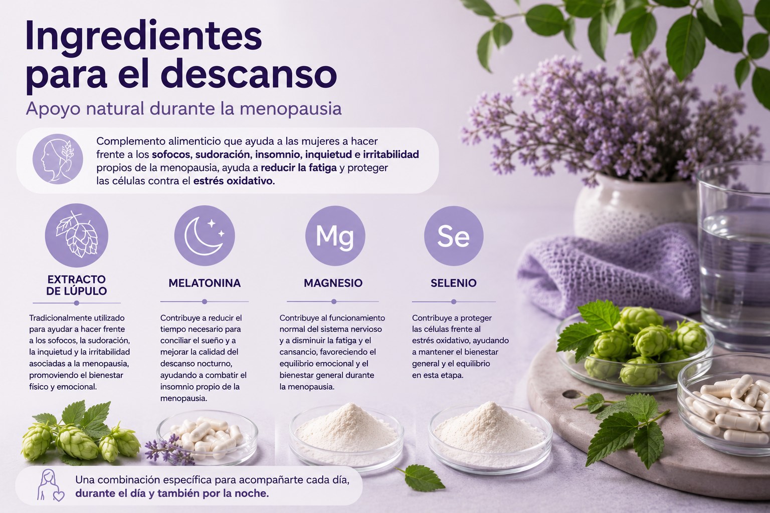 Durante la menopausia, ciertos ingredientes pueden ayudar a acompañar el bienestar y favorecer el descanso nocturno.