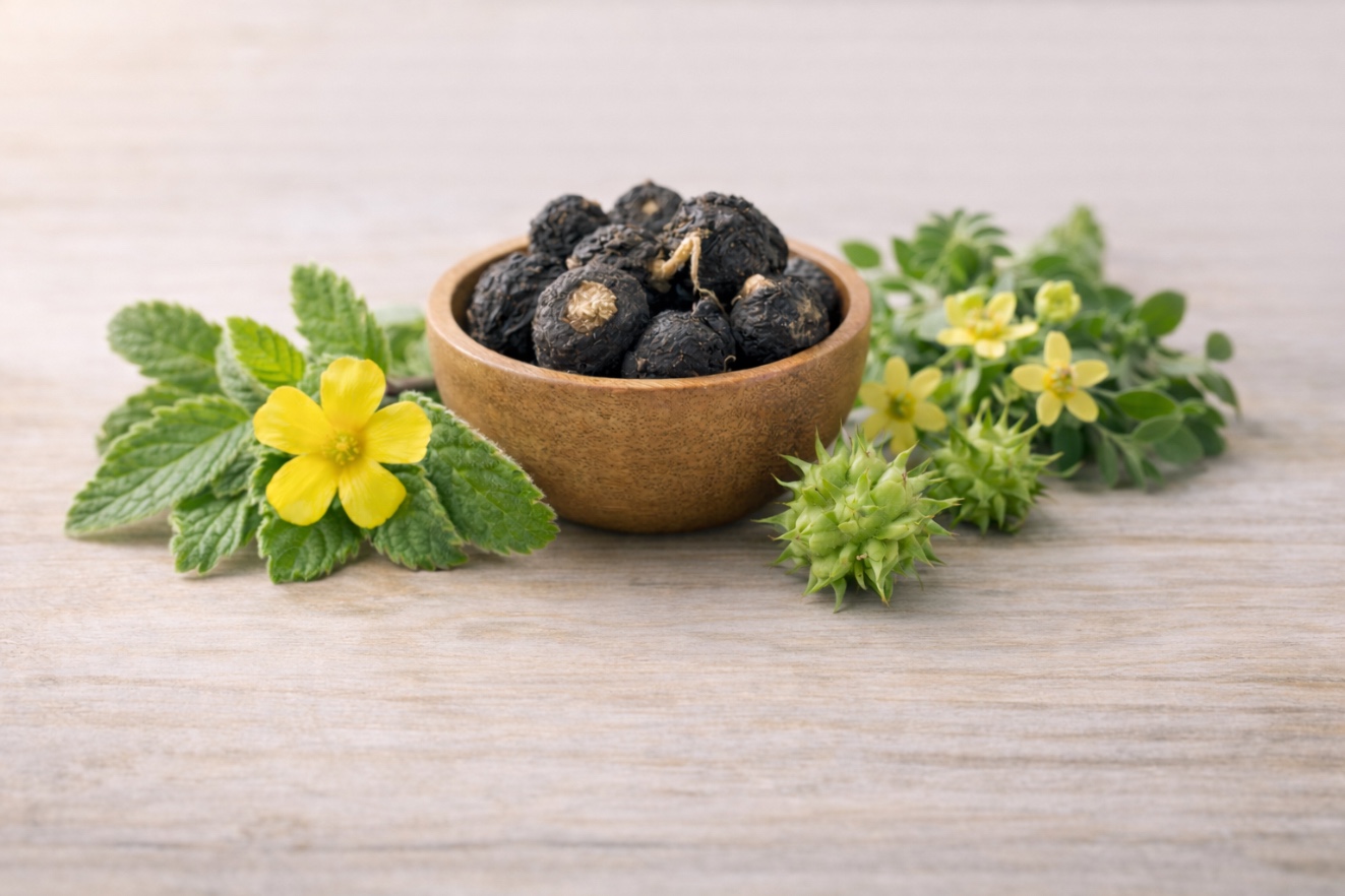 Damiana, maca negra y tribulus terrestris como ingredientes naturales en complemento para la vitalidad femenina
