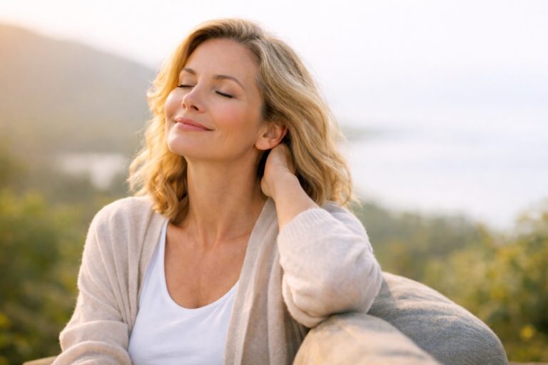 Mujer adulta relajada en entorno luminoso representando bienestar y equilibrio hormonal femenino