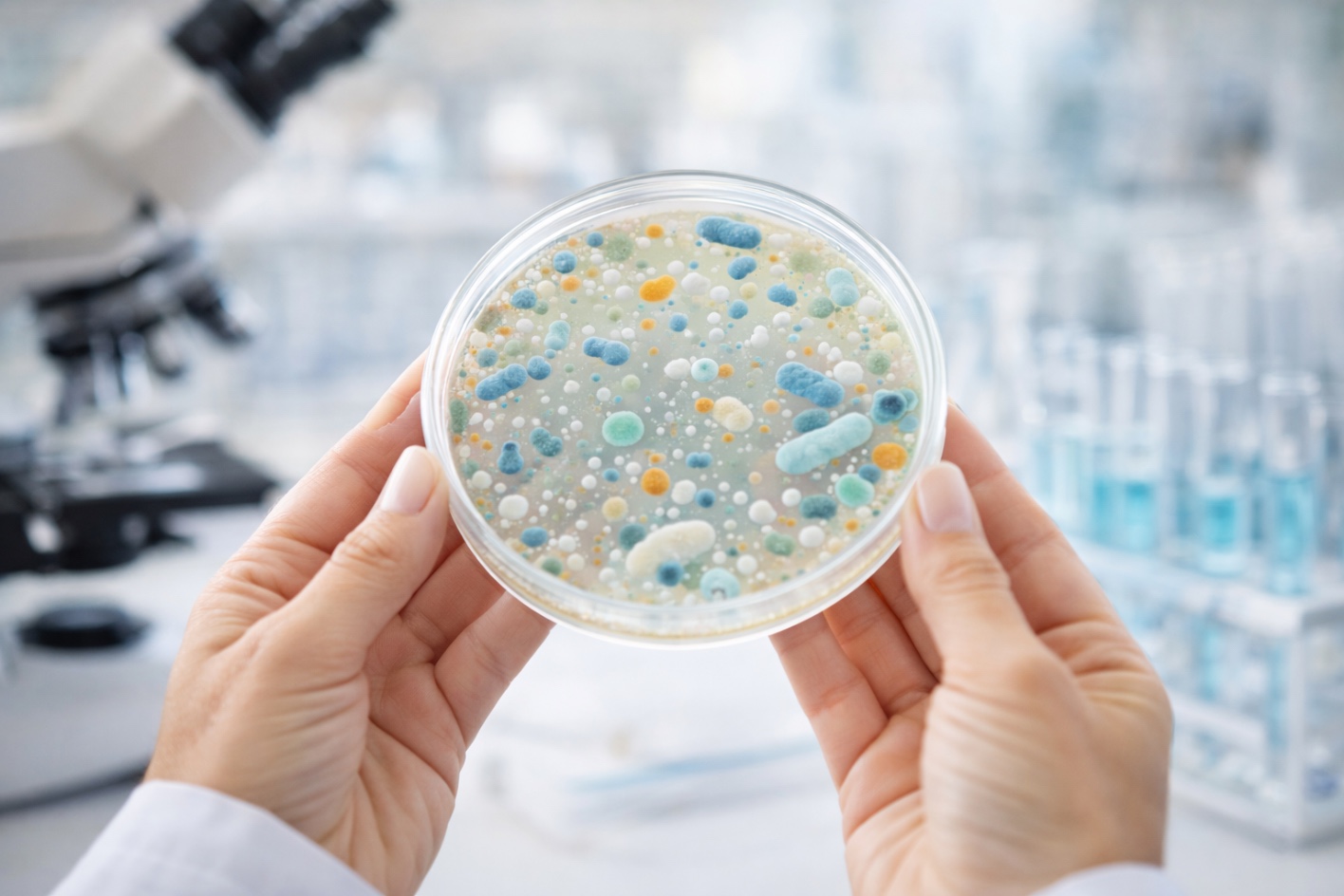 Placa de laboratorio con cultivo bacteriano representando el estudio de probióticos y microbiota intestinal