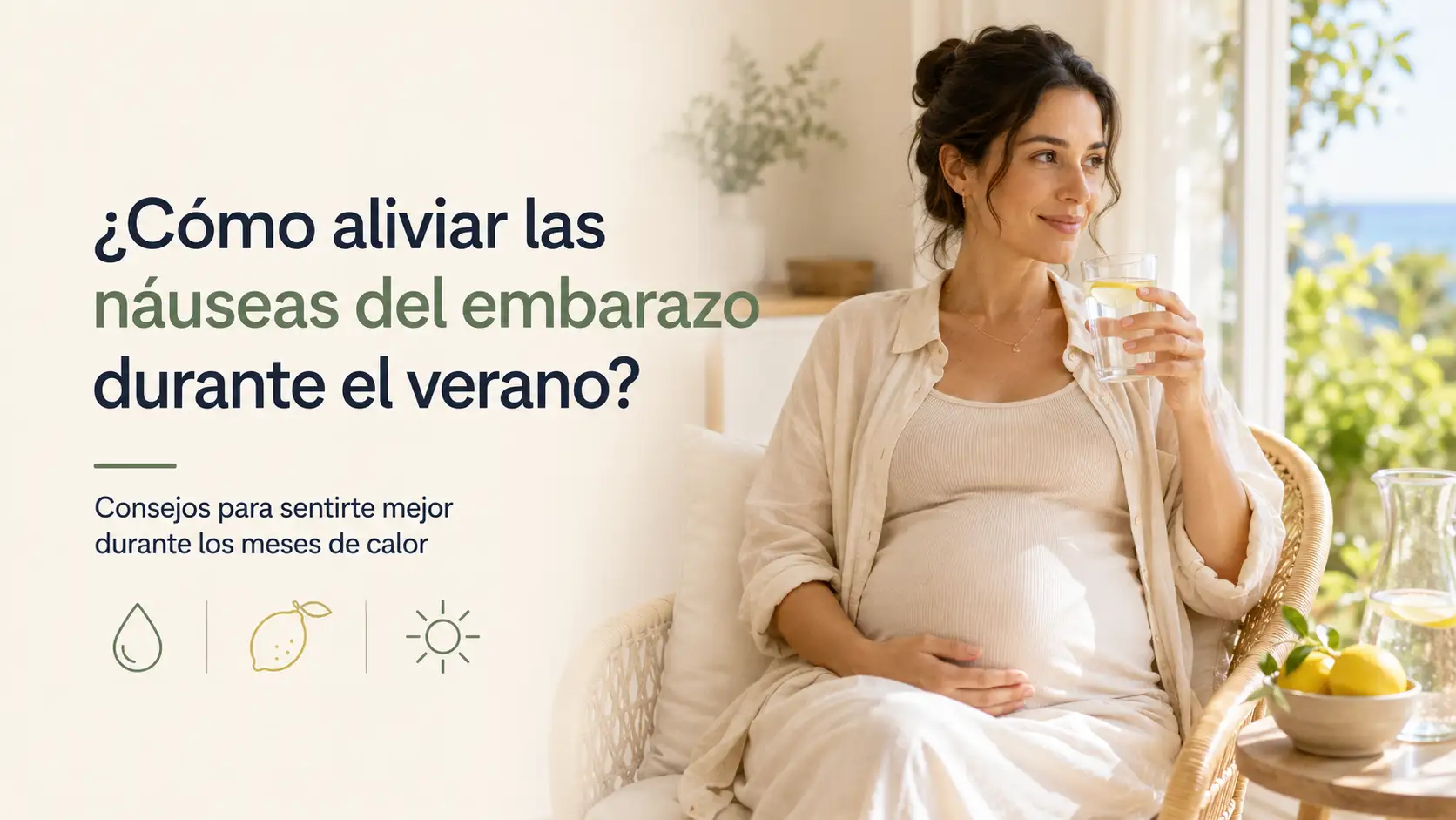 Mujer embarazada hidratándose para aliviar las náuseas durante el verano
