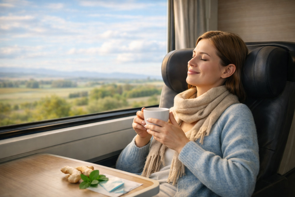 Mujer relajada durante un viaje tomando una bebida caliente para aliviar náuseas y malestar digestivo