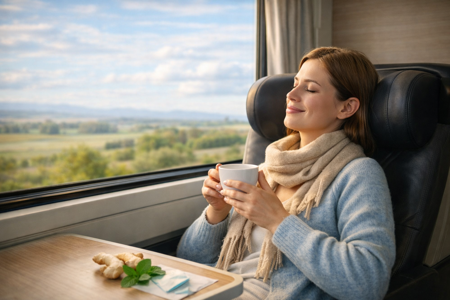 Mujer relajada durante un viaje tomando una bebida caliente para aliviar náuseas y malestar digestivo