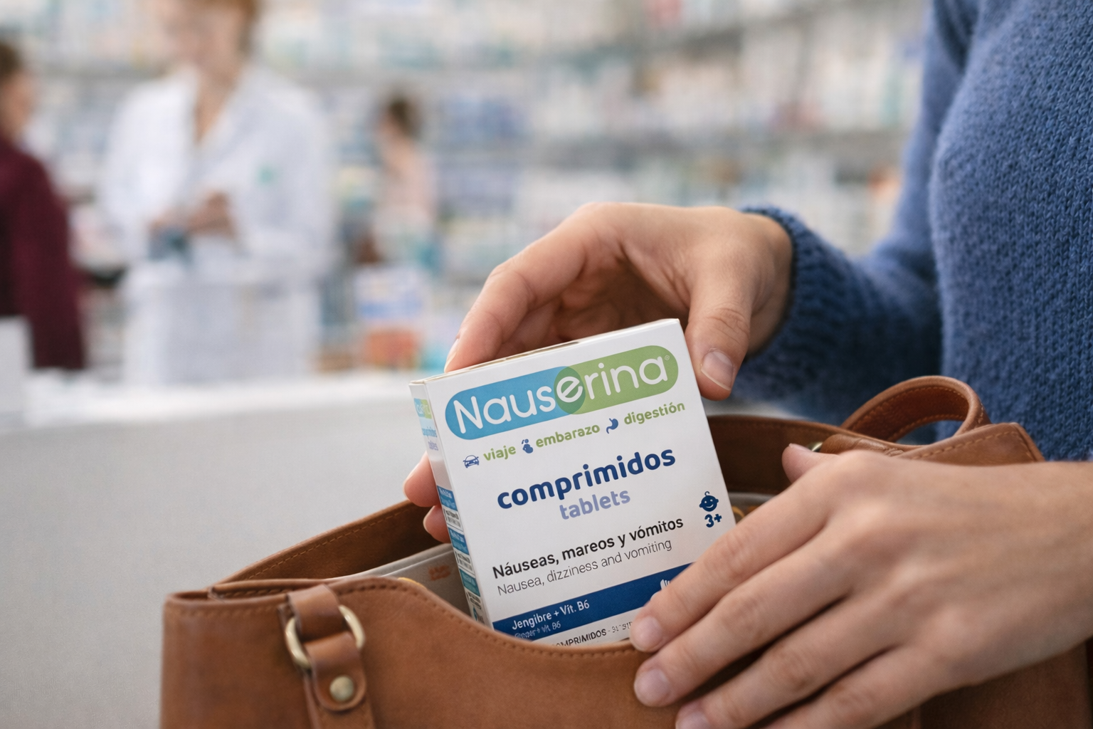 Comprimidos Nauserina disponibles en farmacia para náuseas, mareos y vómitos