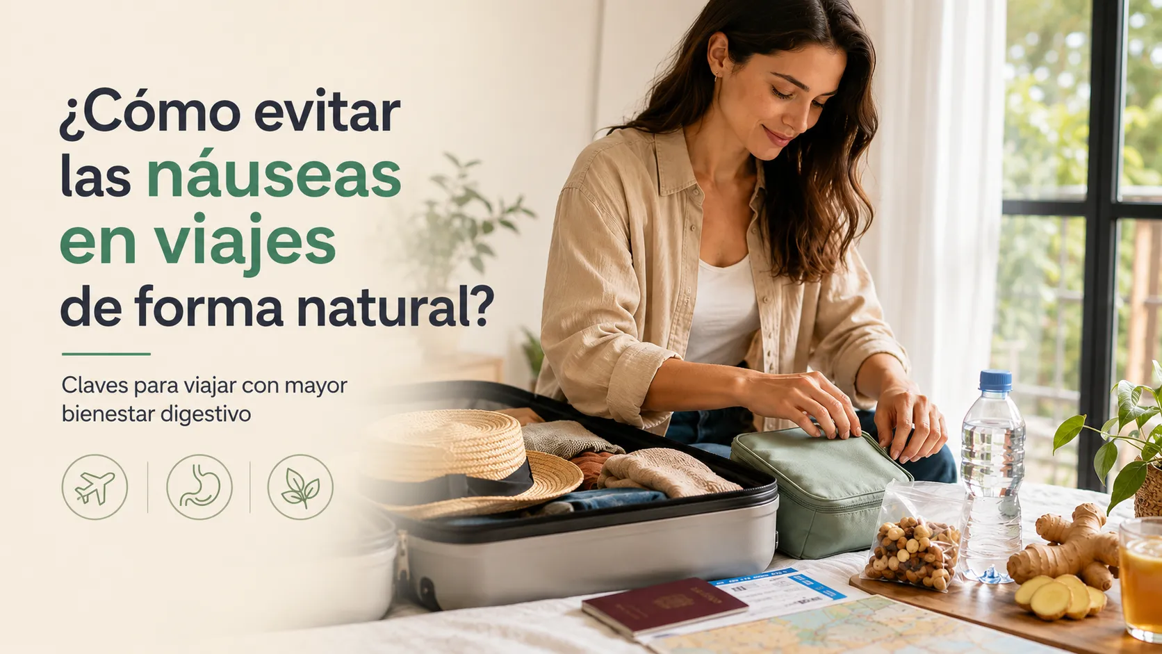 Persona preparando una maleta para viajar con consejos naturales para evitar náuseas en viajes
