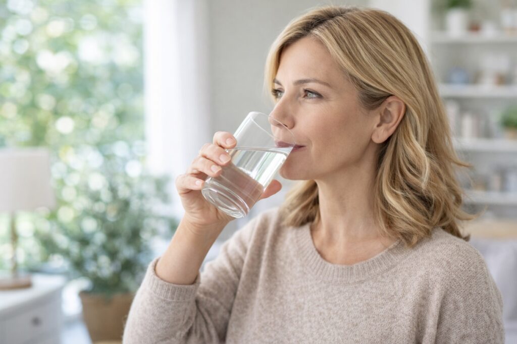 Mujer adulta bebiendo agua como hábito de hidratación para el cuidado de la salud renal