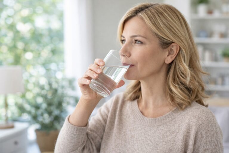 Mujer adulta bebiendo agua como hábito de hidratación para el cuidado de la salud renal