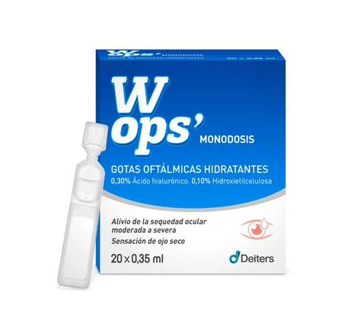 Envase de WOPS' GOTAS HUMECTANTES 0,3% con 20 monodosis